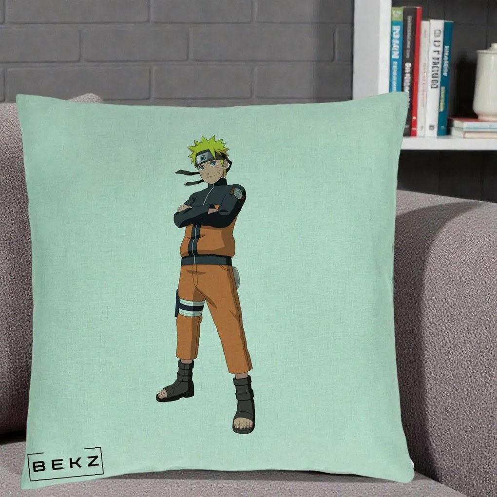 Perna Personalizata Naruto Uzumaki Portret Complet, 40x40 cm, Verde Menta, Husa Detasabila, Perna Inclusa, BEKZ®