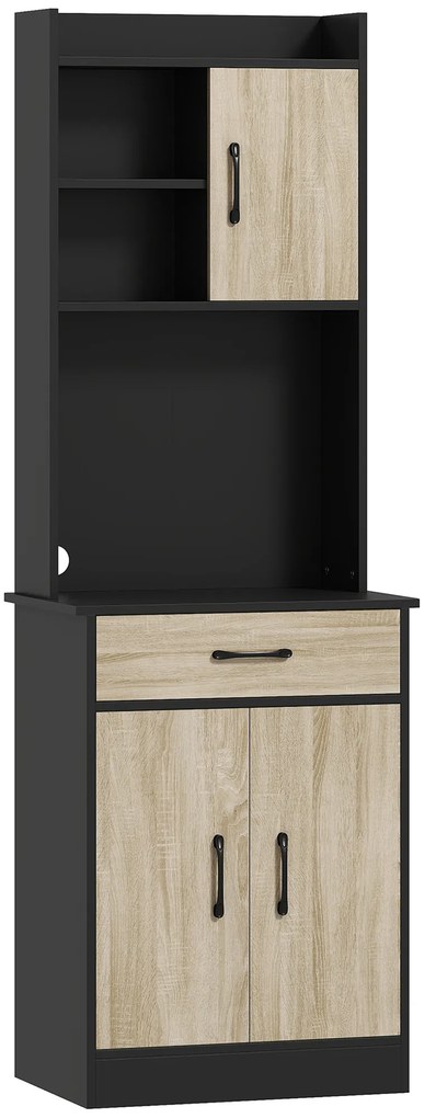 HOMCOM Dulap de Bucătărie, Mobilier cu Orificiu pentru Cabluri și Suprafață pentru Microunde, Dulap de Bucătărie cu Sertar, 3 Rafturi Deschise și Dulapuri, pentru Sufragerie, Living, Negru și Lemn | Aosom Romania