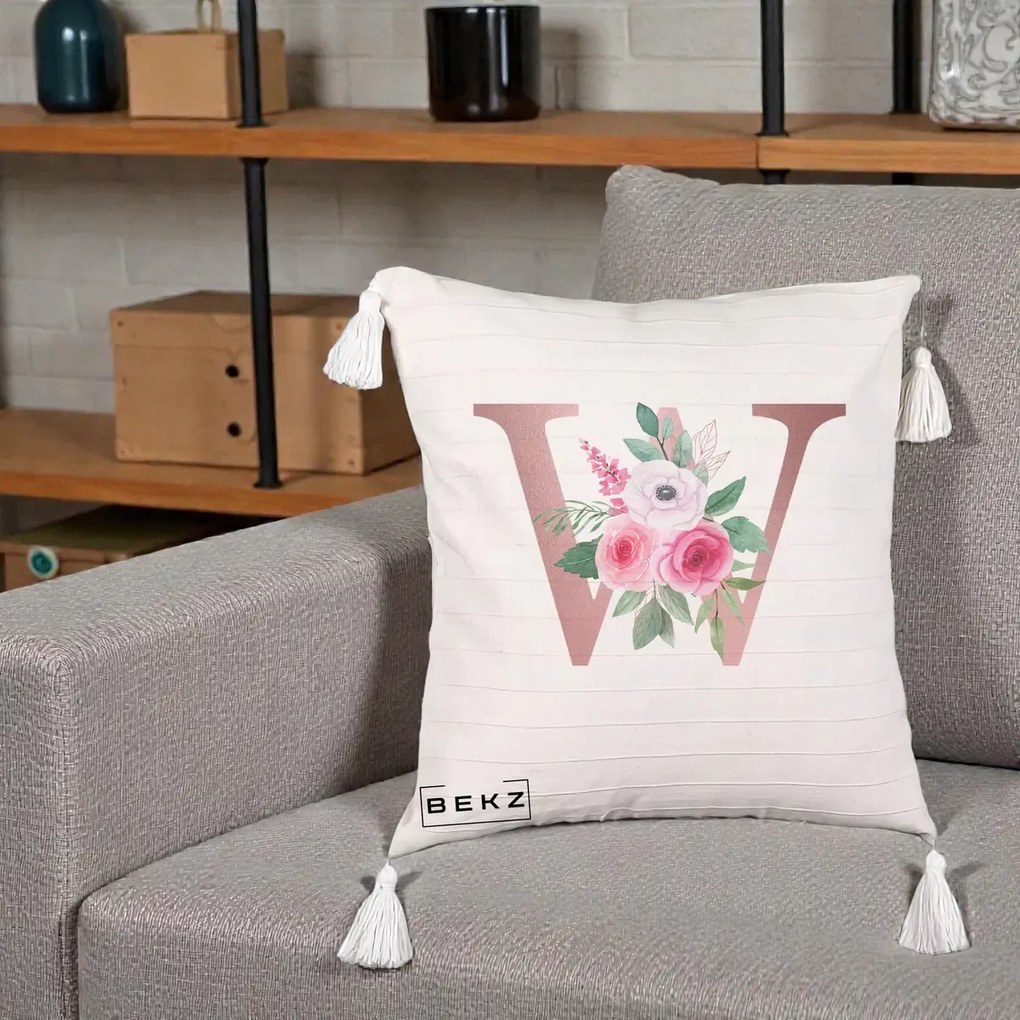 Cadou Personalizat - Perna Personalizata Monograma Rose Gold Litera W cu Trandafiri si Anemona, 40x40 cm, Bej cu Franjuri, Husa Detasabila, Perna Inclusa, BEKZ®
