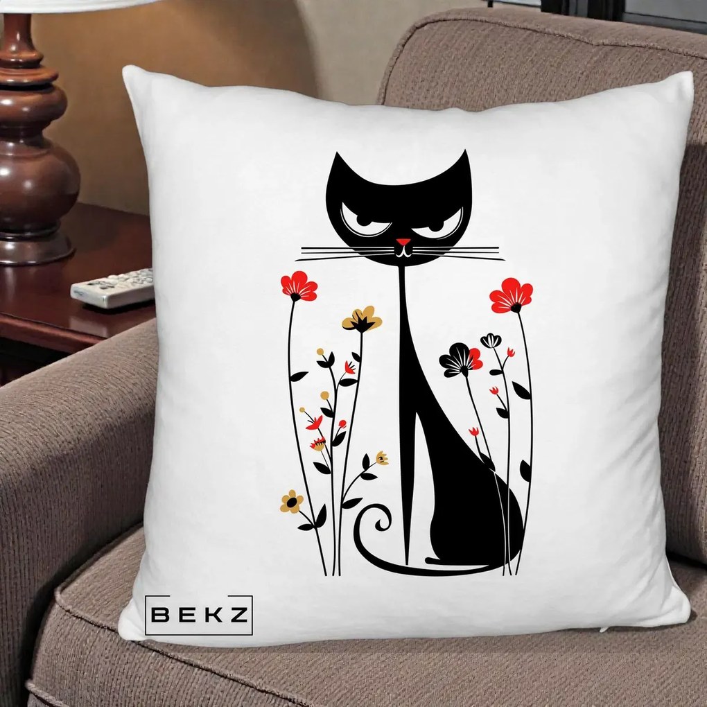 Perna Decorativa Pisica Neagra Grafica Flori Rosii, 40x40 cm, Alb Pufos, Husa Detasabila, Perna Inclusa, BEKZ®
