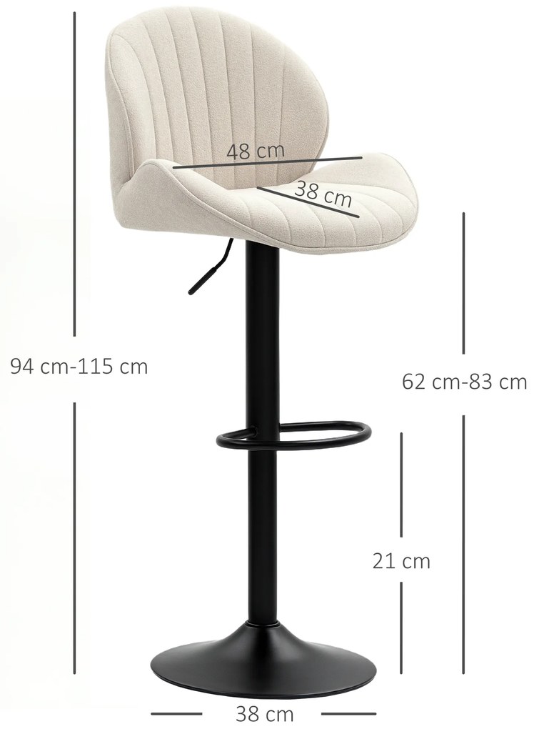 HOMCOM Set de 2 Scaune de Bar cu Suport pentru Picioare, din Țesătură cu Efect de Cinilie, 48x50x94-115 cm, Negru și Bej | Aosom Romania