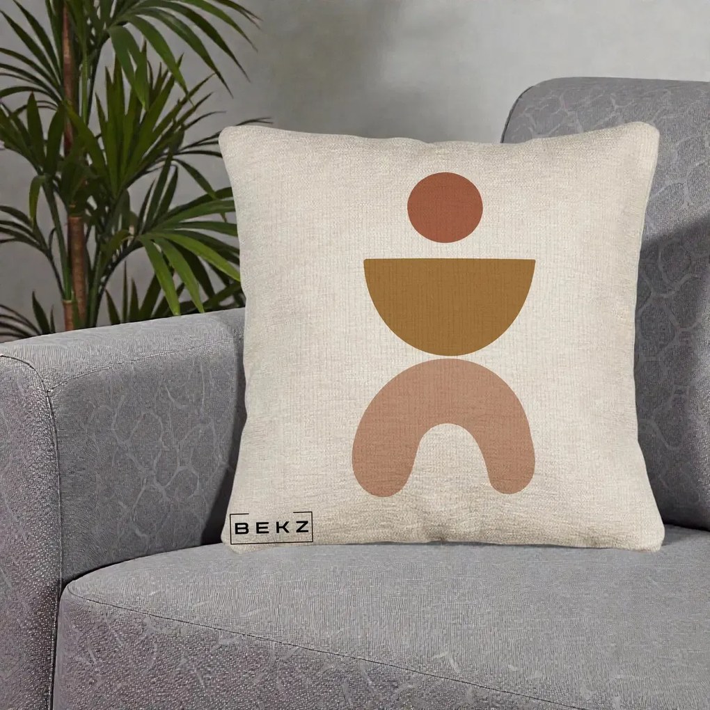 Perna Decorativa Geometric Boho Disc si Arc, 40x40 cm, Bej Canapea, Husa Detasabila, Perna Inclusa, BEKZ®