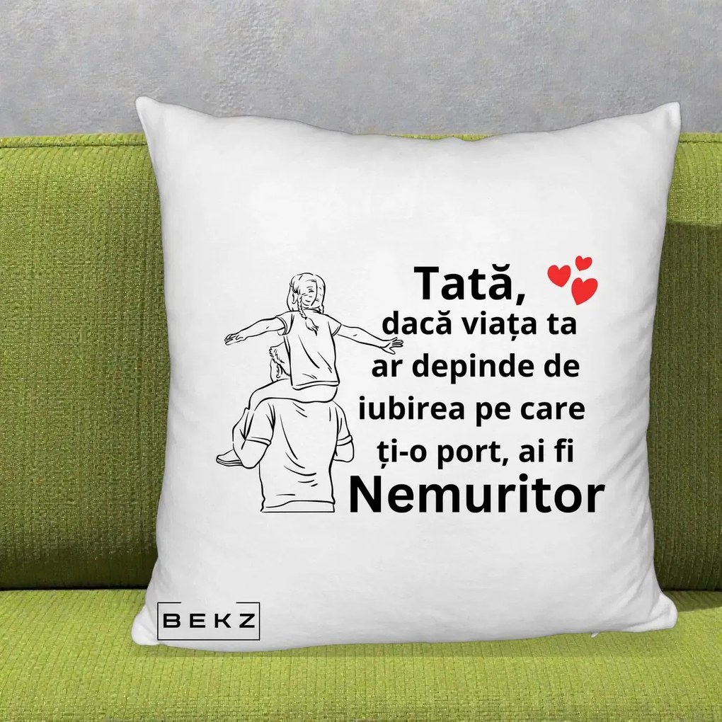Cadou pentru Tata - Perna Personalizata Tata Supererou Nemuritor, 40x40 cm, Alb Pufos, Husa Detasabila, Perna Inclusa, BEKZ®