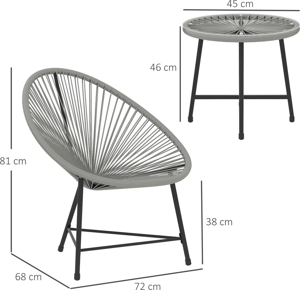 Outsunny Set mobilier de grădină 3 piese, 2 scaune din ratan plastic, 1 masă cu blat din sticlă, cadru din oțel, mobilier de exterior, Gri | Aosom Romania
