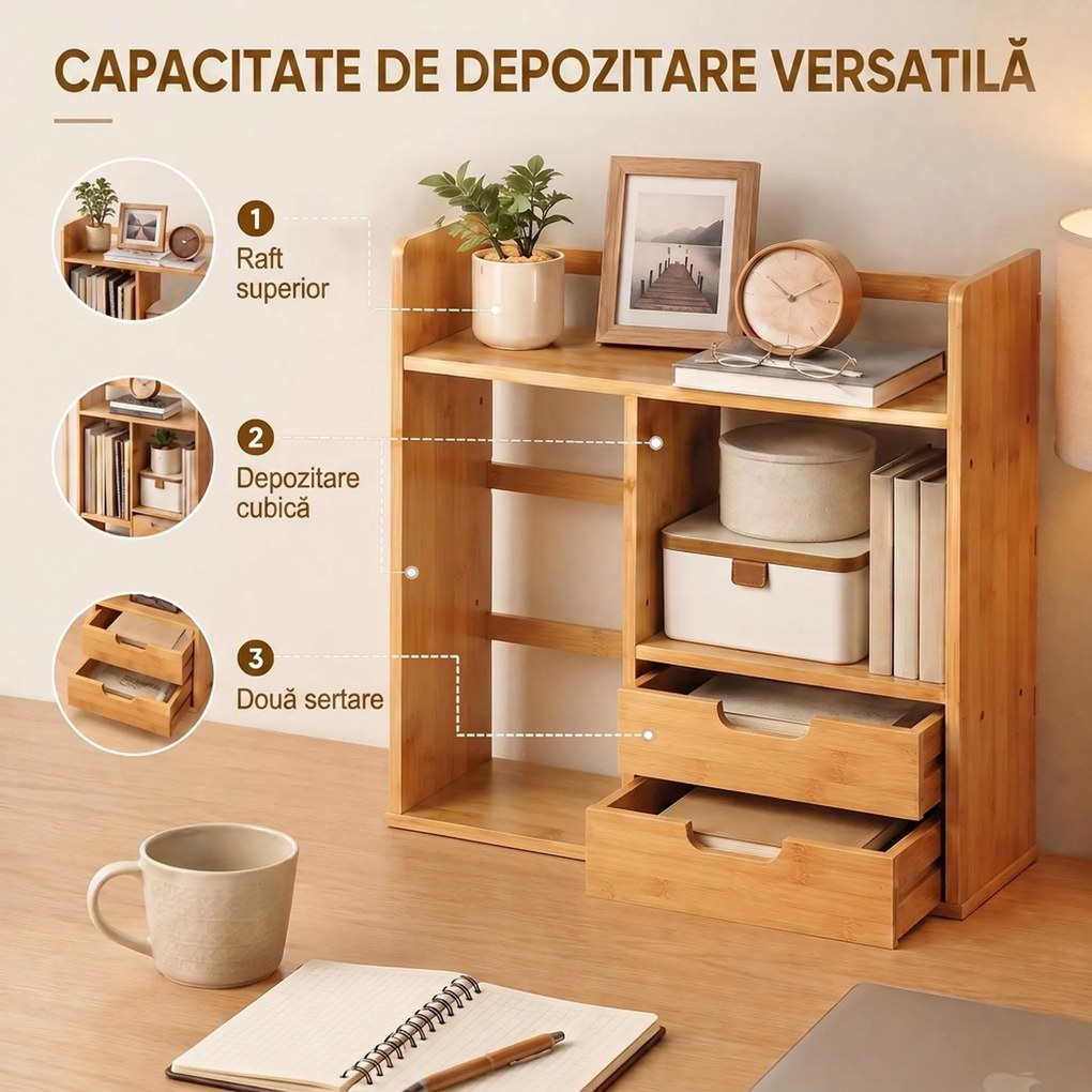 HOMCOM Organizator de Birou cu 2 Sertare și Rafturi pentru Documente, Bambus, 48x19,5x 46 cm, Culoare Lemn | Aosom Romania