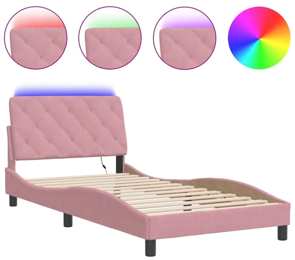 3213842 vidaXL Cadru de pat cu lumini LED, roz, 100x200 cm, catifea