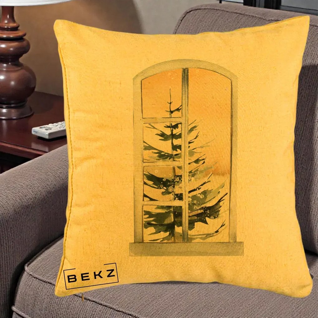 Perna Decorativa Fereastra cu Brad de Iarna, 40x40 cm, Galben, Husa Detasabila, Perna Inclusa, BEKZ®