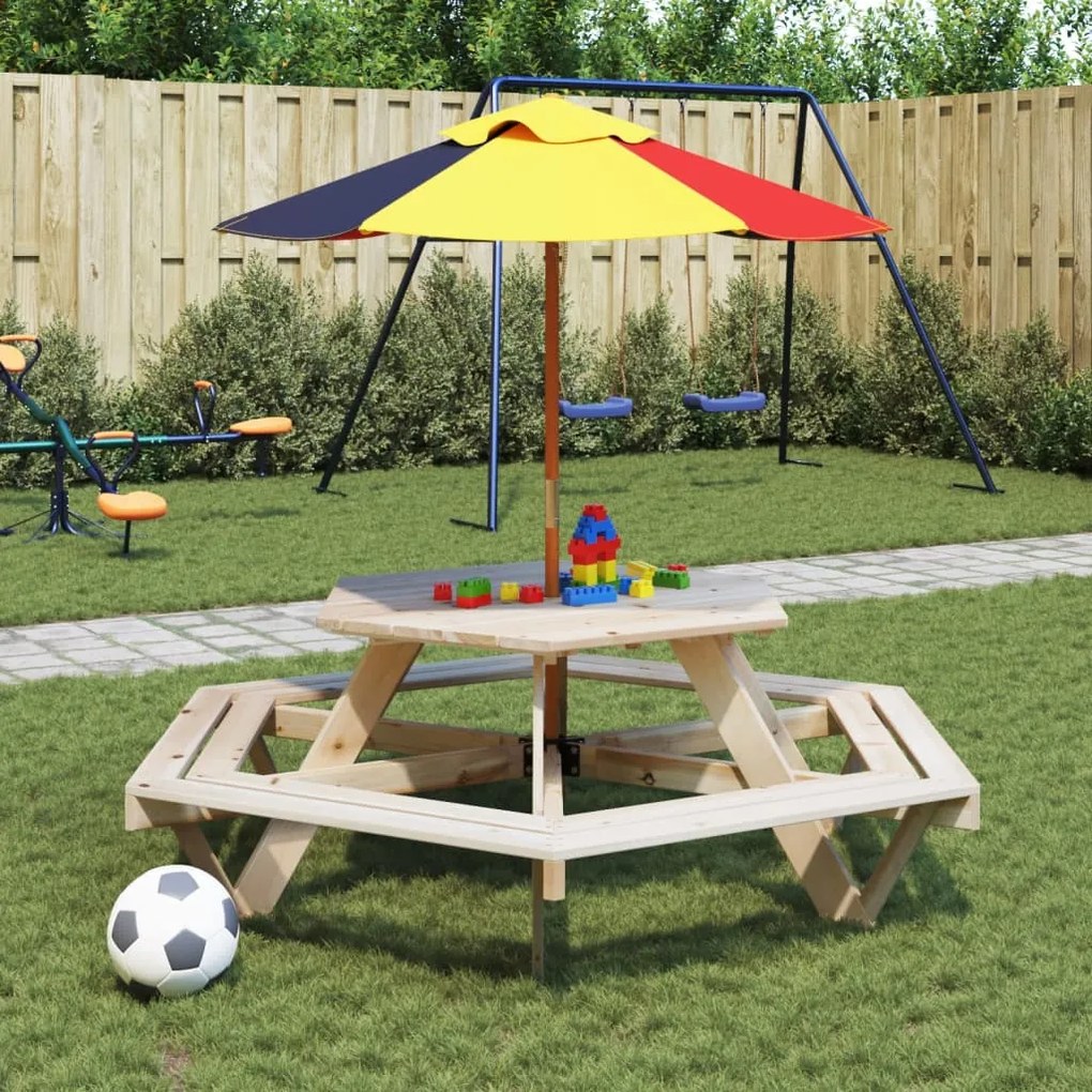 3281625 vidaXL Masă picnic pentru 6 copii cu umbrelă, hexagon, lemn masiv brad