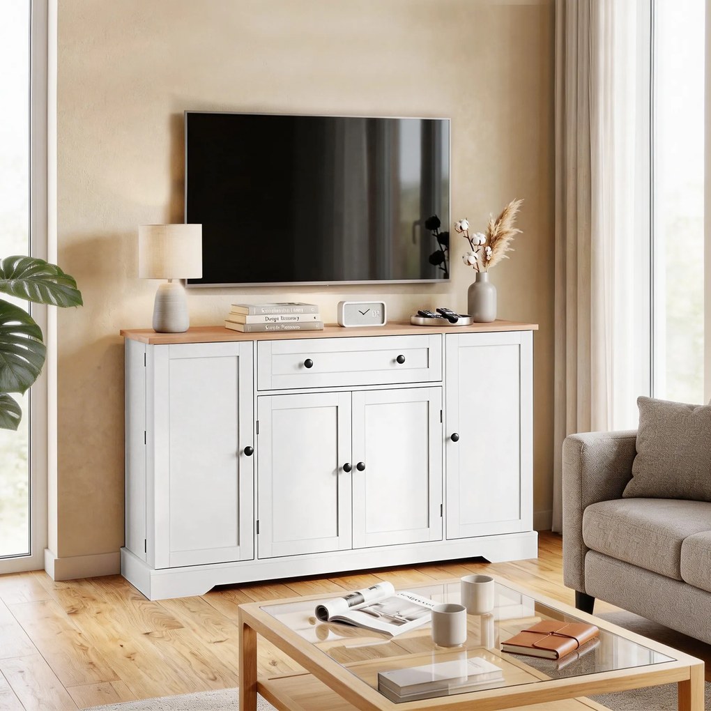 HOMCOM Servantă Bucătărie Modernă cu Sertar și 4 Uși, Dulap Bucătărie cu Rafturi Reglabile, 6 Suporturi pentru Condimente, 138x40x83,5 cm, Alb | Aosom Romania