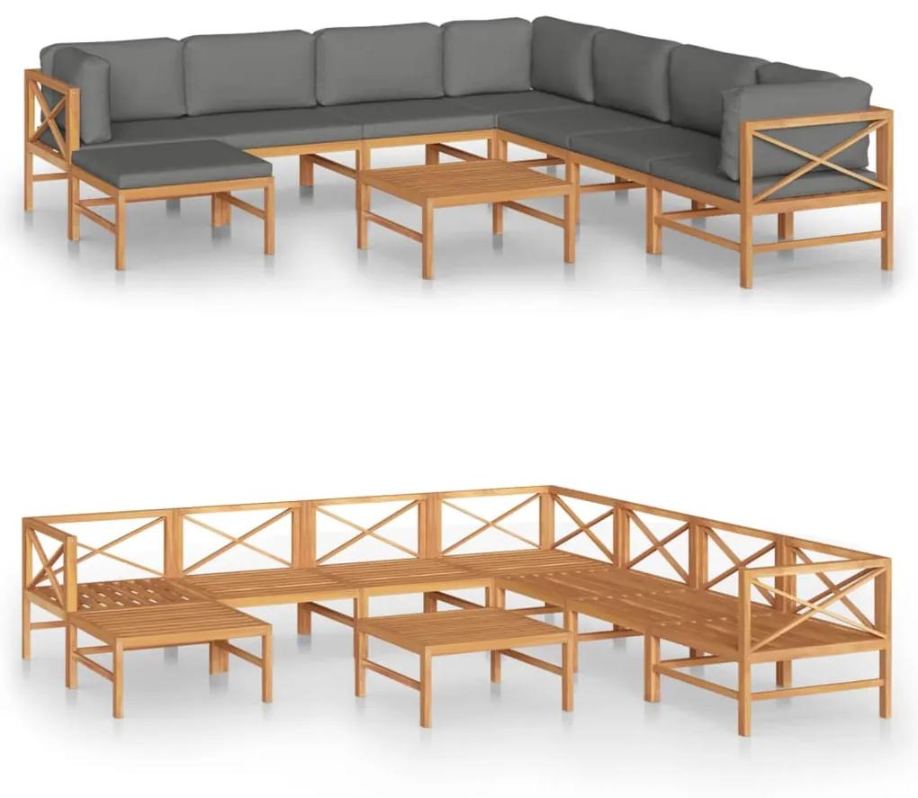 Set mobilier gradina cu perne gri, 9 piese, lemn masiv de tec Gri, 3x colt + 4x mijloc + suport pentru picioare + masa, 1
