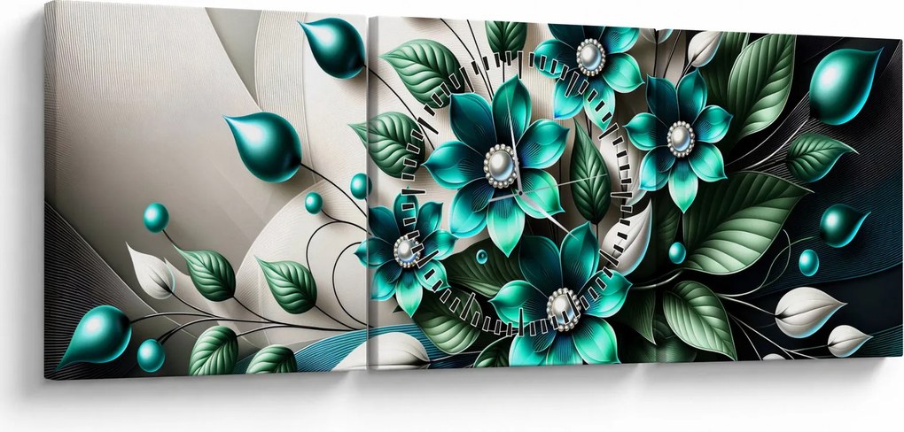Tablou - Flori turcoaz 3D (cu ceas) (90x30 cm)
