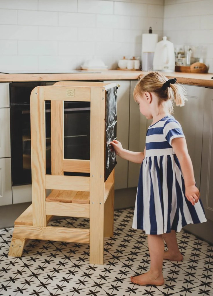 Inaltator Learning Tower Ajustabil cu tabla de scris, Ajutor de bucatarie MeowBaby  , lemn natur