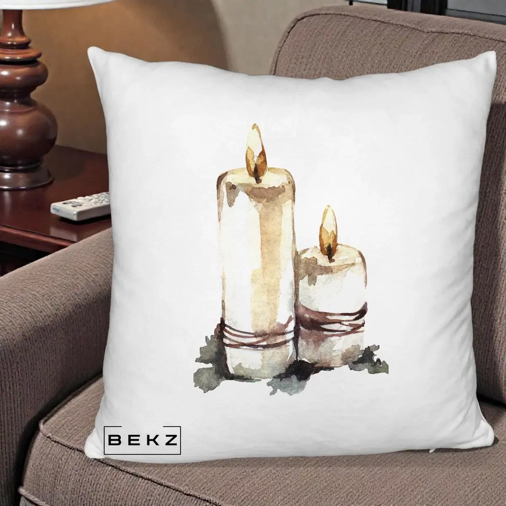 Perna Decorativa Lumanari Acuarela Iarna, 40x40 cm, Alb Pufos, Husa Detasabila, Perna Inclusa, BEKZ®