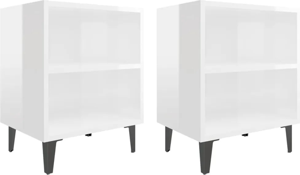 vidaXL Noptiere, picioare metalice, 2 buc. alb extralucios 40x30x50 cm