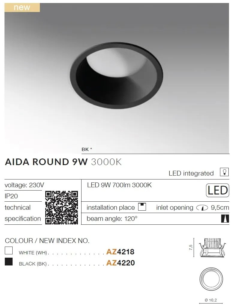 Spot LED incastrabil tavan/plafon AIDA ROUND 9W negru