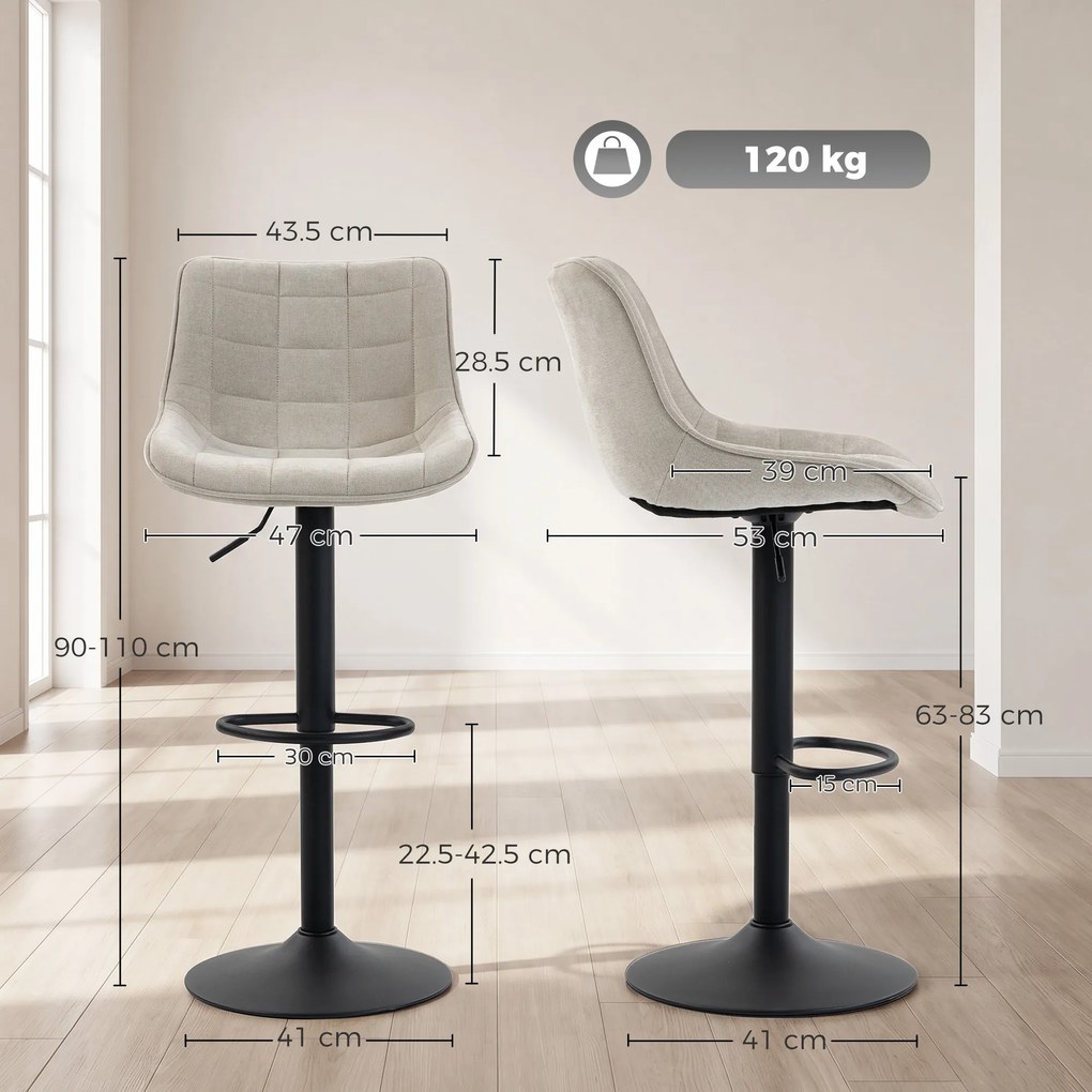 HOMCOM Set de 2 Scaune de Bar rotative și Reglabile, Alb Crem | Aosom Romania