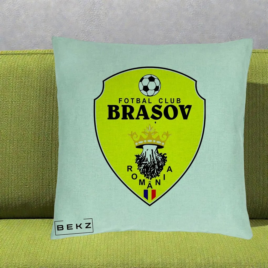 Perna Personalizata FC Brasov Fotbal Romania, 40x40 cm, Verde Menta, Husa Detasabila, Perna Inclusa, BEKZ®