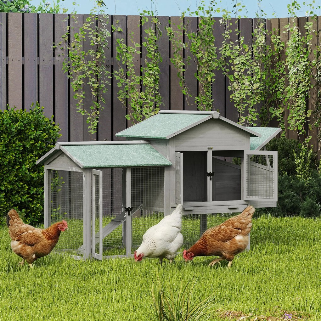 PawHut Cotet pentru găini din lemn adăpost cu tarc exterior cuib rampă tavă extractabilă pentru 2-4 găini 168x75x103cm Gri | Aosom Romania