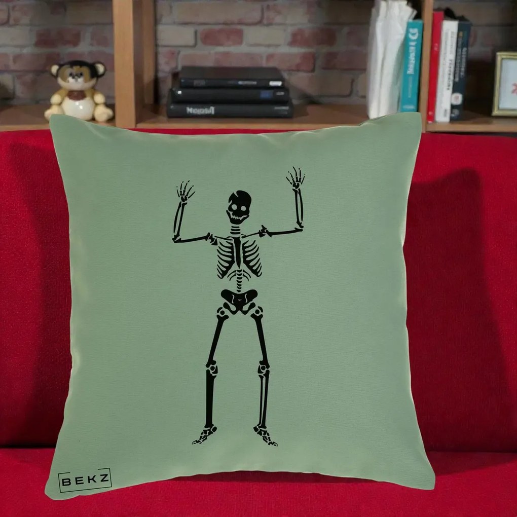 Perna Decorativa Halloween Schelet Dansator, 40x40 cm, Verde, Husa Detasabila, Perna Inclusa, BEKZ®