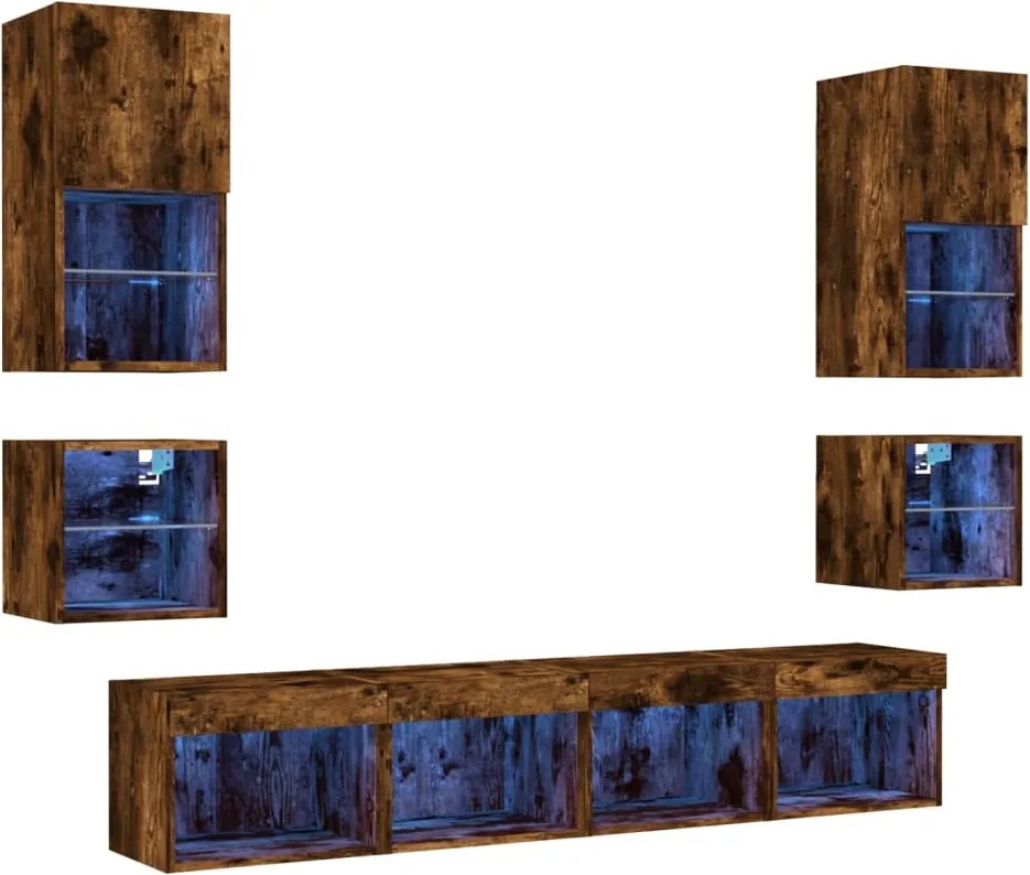 vidaXL Unități de perete TV cu LED-uri, 8 piese, stejar fumuriu, lemn