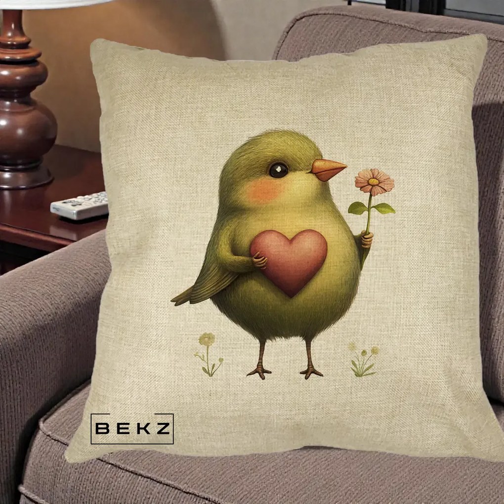 Perna Decorativa Pasare Verde cu Inima si Floare, 40x40 cm, Crem, Husa Detasabila, Perna Inclusa, BEKZ®