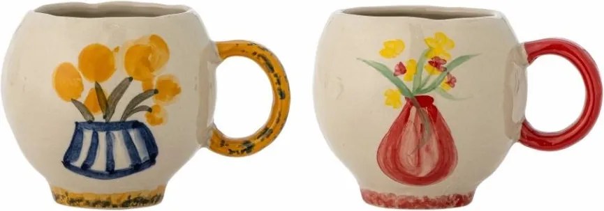Set 2 cești din ceramică, natur, ilustrații florale pictate manual și torți în contrast, 7,5 x 8,5 cm, „Hiba”