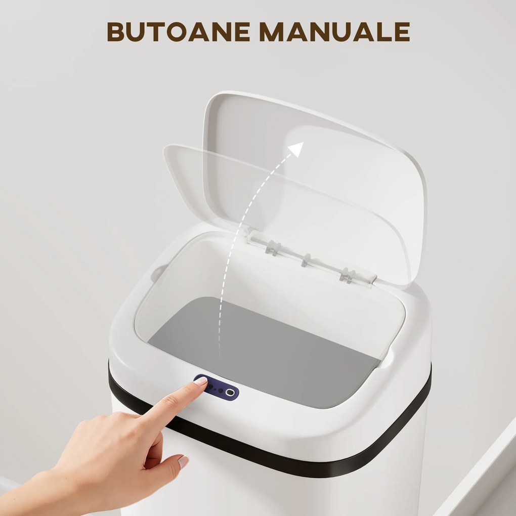 HOMCOM Coș de gunoi cu senzor infraroșu, 50L, 2 moduri de deschidere, suprafață antiamprentă, alb | Aosom Romania