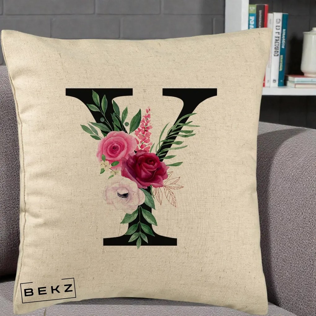 Cadou Personalizat - Perna Personalizata Monograma Florala Litera Y cu Buchet, 40x40 cm, Bej, Husa Detasabila, Perna Inclusa, BEKZ®
