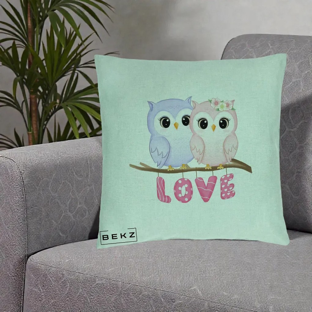 Perna Decorativa Love Bufnite Indragostite pe Crenguta Roz si Mov, 40x40 cm, Verde Menta, Husa Detasabila, Perna Inclusa, BEKZ®