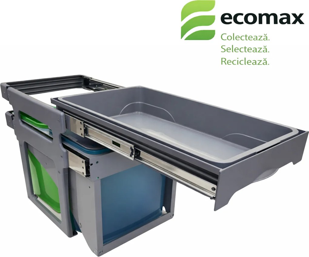 Cos gunoi incorporabil Tank Front 40 Ecomax, cu extragere automata, colectare selectiva, 2 x 16 l Polipropilena, Gri Verde Albastru, H:428 mm; L:339
