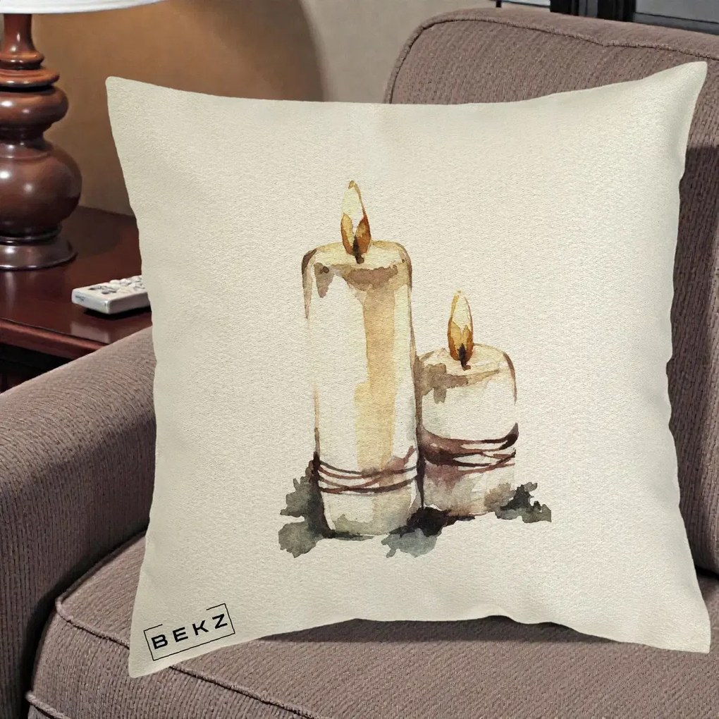 Perna Decorativa Lumanari Acuarela Iarna, 40x40 cm, Ecru, Husa Detasabila, Perna Inclusa, BEKZ®
