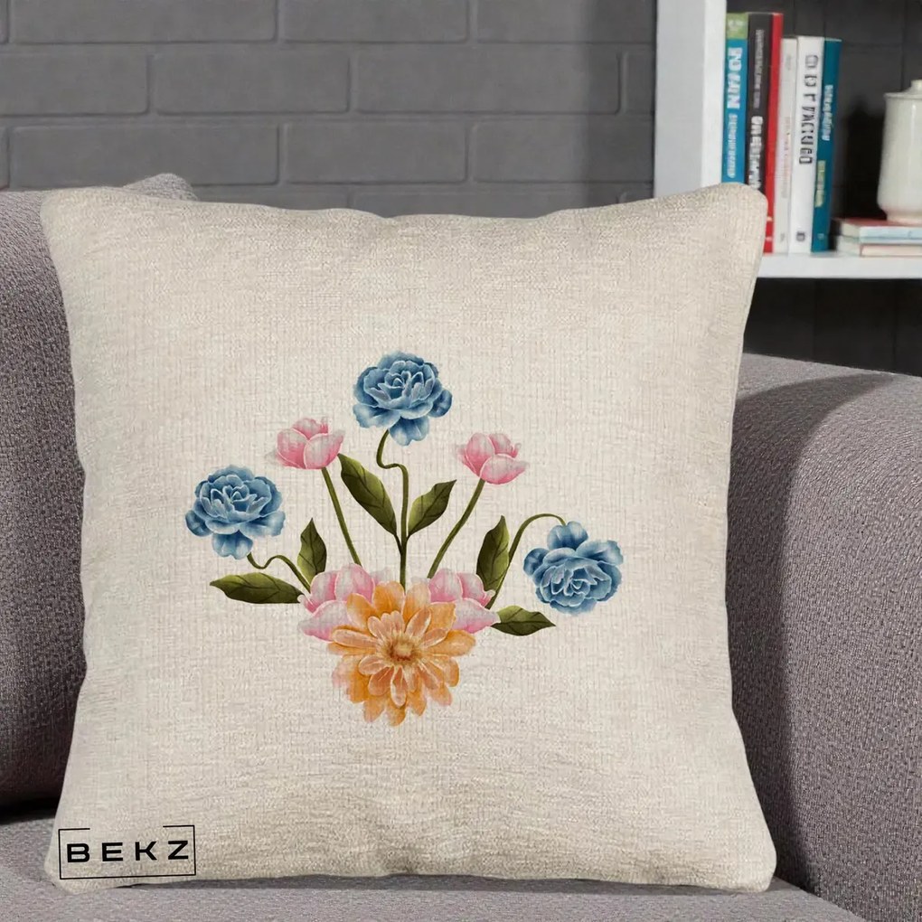 Perna Decorativa Buchet Primavara Acuarela, 40x40 cm, Bej Canapea, Husa Detasabila, Perna Inclusa, BEKZ®