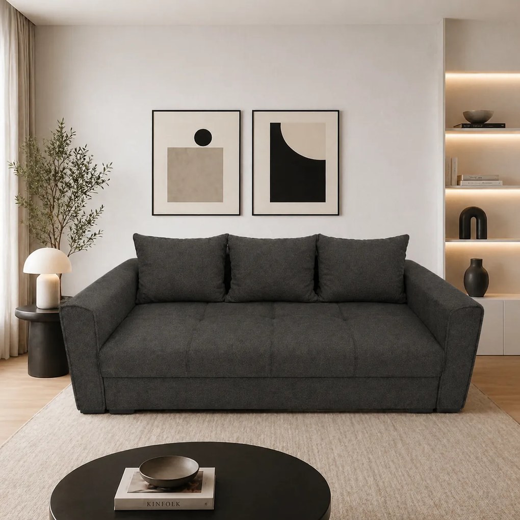 Canapea LILI extensibila, 3 locuri, cu lada de depozitare, stofa gri inchis , 220x95x80
