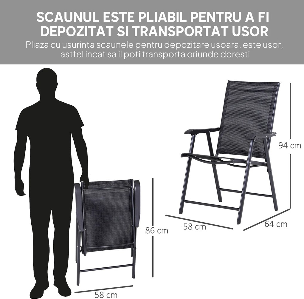 Outsunny Set 2 Scaune de Grădină Pliabile cu Brațe, Scaune pentru Prânz de Exterior din Metal și Texteline, pentru Terasă, Balcon, Curte, Interior și Exterior, 58x64x94cm, Negru | Aosom Romania