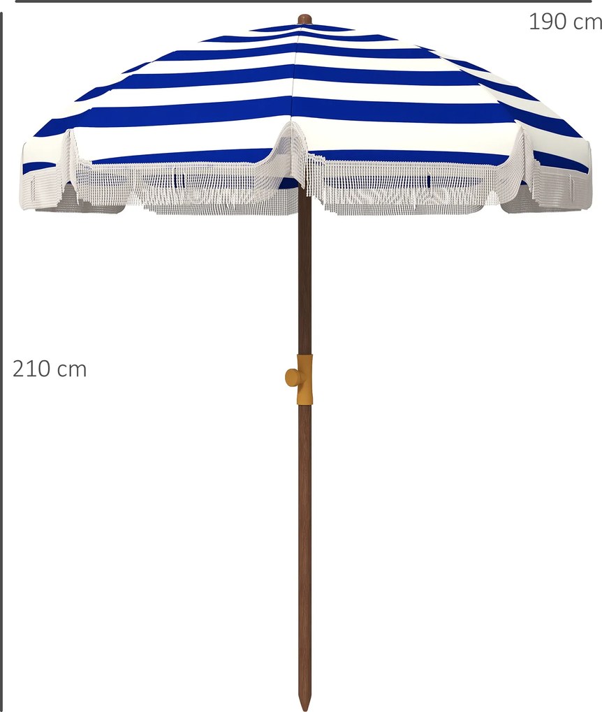 Outsunny Umbrelă de Plajă cu Franjuri Ø190x210 cm cu Protecție UV40+ Rezistentă la Vânt Impermeabilă Husă de Transport Albastru și Alb | Aosom Romania