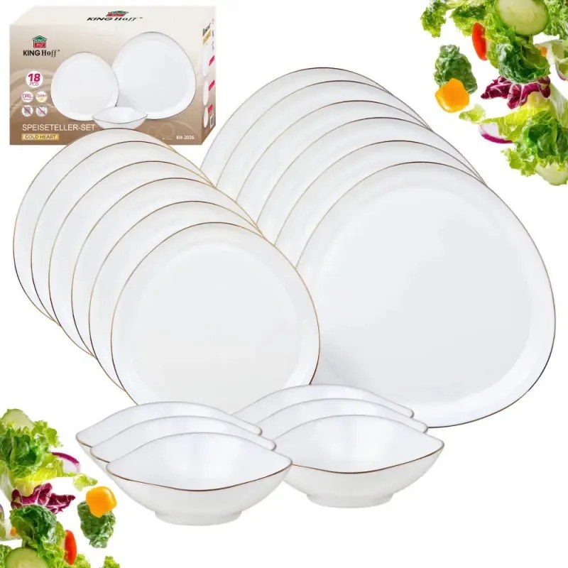 Set de masa Kinghoff KH 2036, 18 piese, 6 persoane, Sticla opal, Margine aurie, Alb