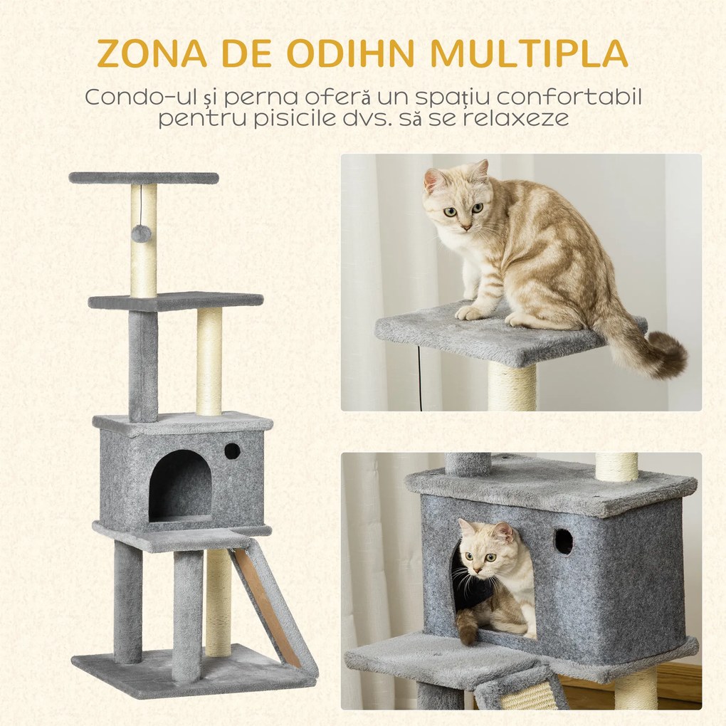 PawHut Copac pentru Pisici pe Mai Multe Niveluri cu Căsuță, Scară și Stâlpi din Sisal, Gri | Aosom Romania