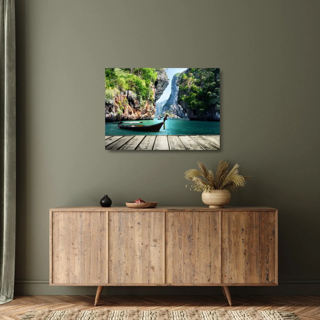 Tablou pe sticlă - Apă peisaj mediteranean cu barca (70x50 cm)