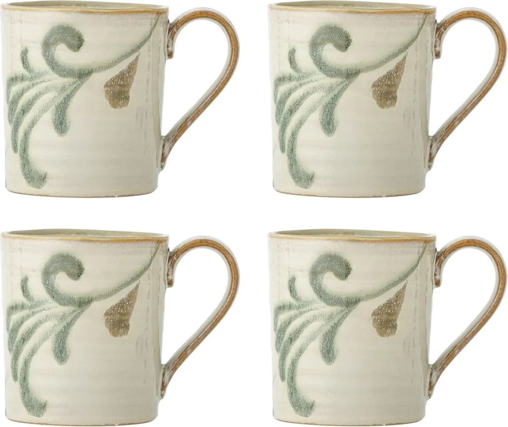 Set 4 căni din ceramică natur, cu motive botanice în verde și maro, „Bethany", 9 x 10 cm