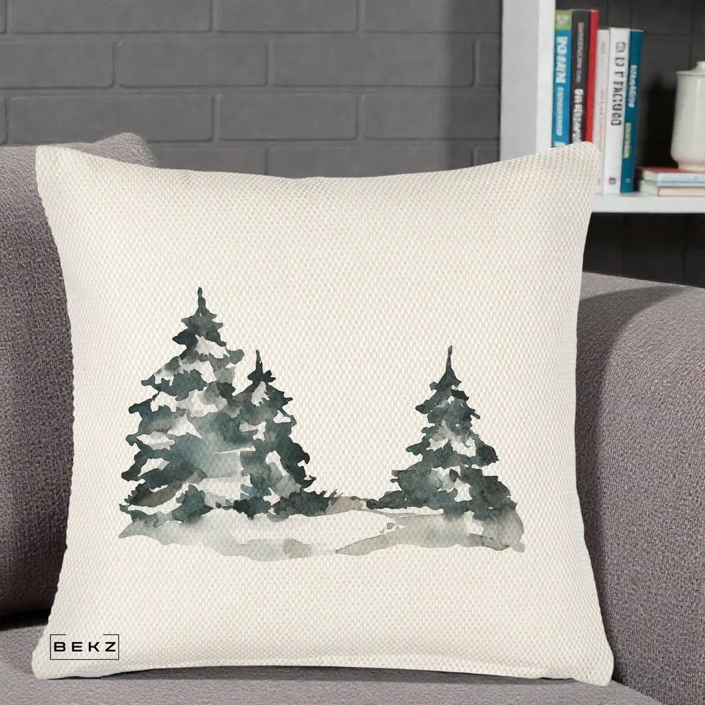 Perna Decorativa Brazi Inzapeziti Acuarela, 40x40 cm, Crem Reliefat, Husa Detasabila, Perna Inclusa, BEKZ®