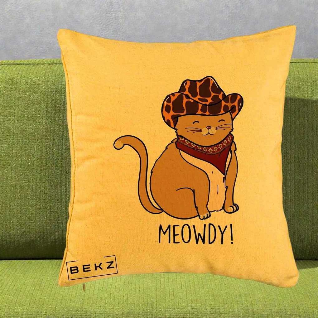 Perna Decorativa Pisica Cowboy Meowdy, 40x40 cm, Galben, Husa Detasabila, Perna Inclusa, BEKZ®