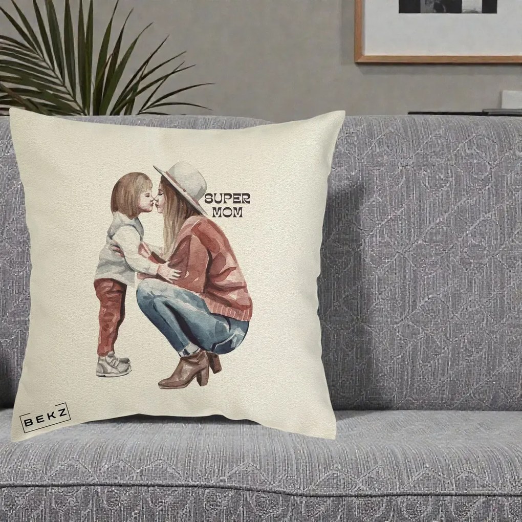 Cadou pentru Mama - Perna Personalizata Super Mom Acuarela, 40x40 cm, Ecru, Husa Detasabila, Perna Inclusa, BEKZ®