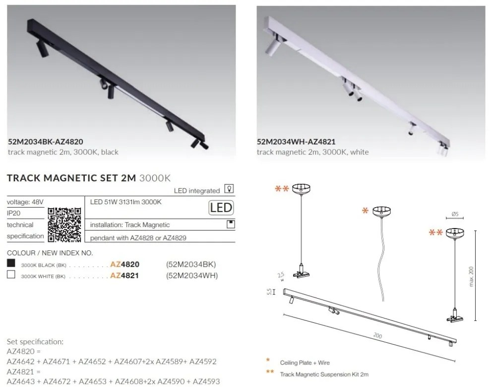 Set 2m sina magnetica monofazata cu iluminat inclus Alfa 52M2034BK negru, 3000K