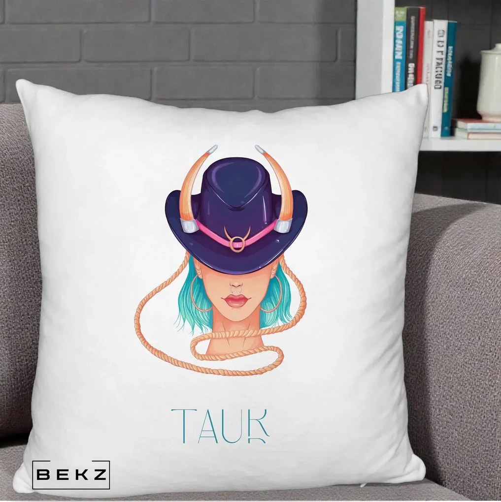Perna Personalizata Zodie Taur, 40x40 cm, Alb Pufos, Husa Detasabila, Perna Inclusa, BEKZ®