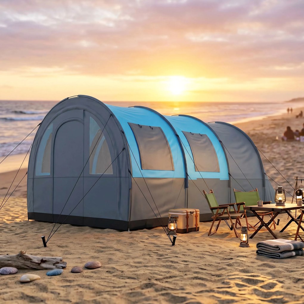 Outsunny Cort de Camping Impermeabil, Cort cu 5 Locuri, Zonă Separată de Dormit și Living, 480x260x200 cm, Gri și Albastru | Aosom Romania