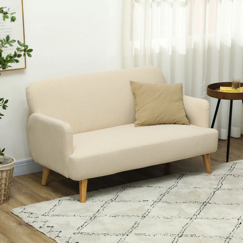 HOMCOM Canapea Modernă Scandinavă, Canapea cu 2 Locuri, Brațe, și Picioare din Lemn, 140x74x79 cm, Alb Crem | Aosom Romania