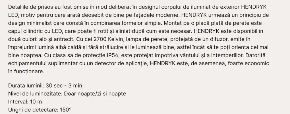Aplica LED de exterior cu senzor de miscare IP54 HENDRYK antracit