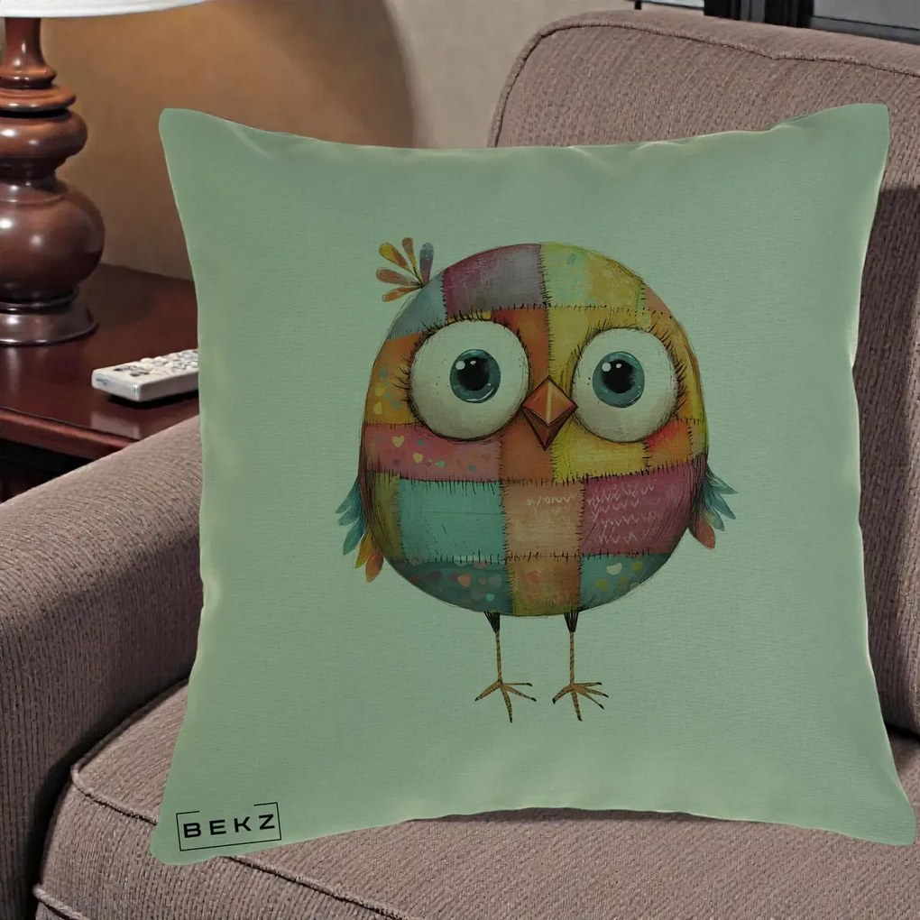Perna decorativa Pasare Patchwork Colorata, 40x40 cm cu Umplutura, Verde, BEKZ