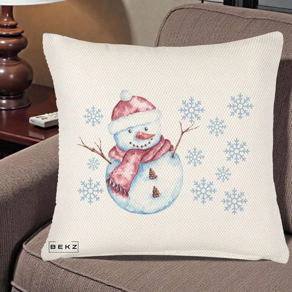 Perna Decorativa Om de Zapada Rosu cu Fulgi, 40x40 cm, Crem Reliefat, Husa Detasabila, Perna Inclusa, BEKZ®