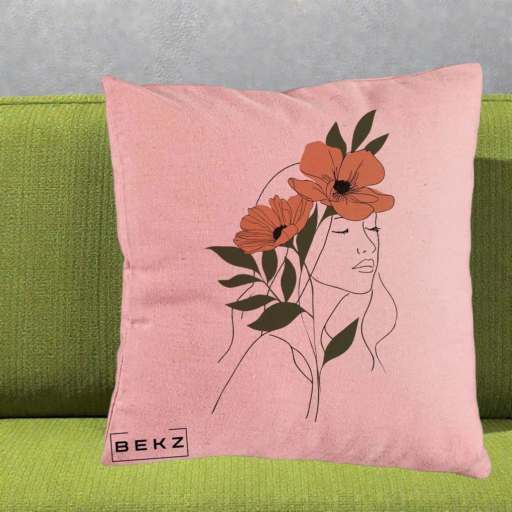 Perna Decorativa Portret Feminin Doua Maci Terracotta, 40x40 cm, Roz, Husa Detasabila, Perna Inclusa, BEKZ®